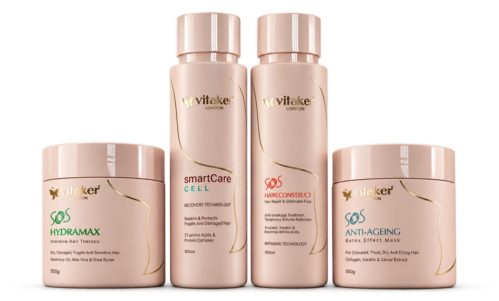 Linha Profissional Vitaker Haircare em Rosa e Dourado